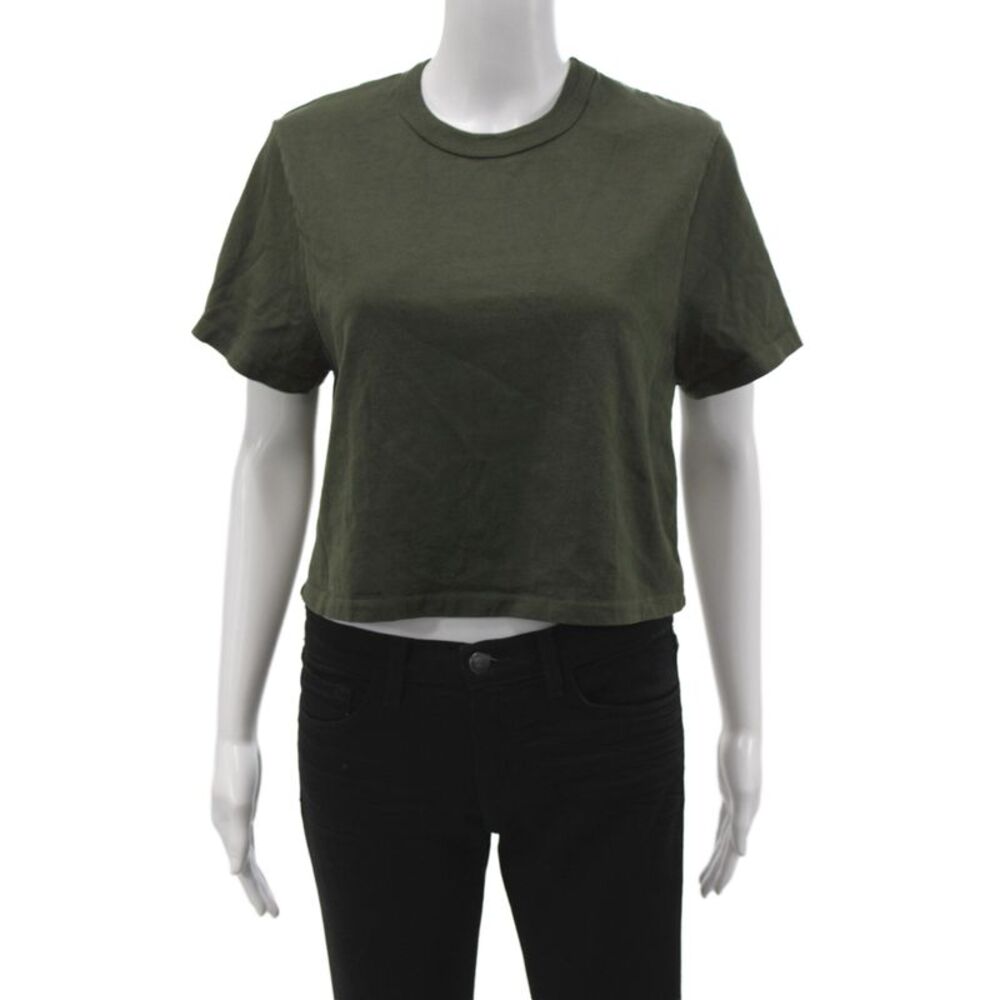 Les Tien Women Basic Green Cotton T-Shirt Crew Neck Short Sleeve Size M